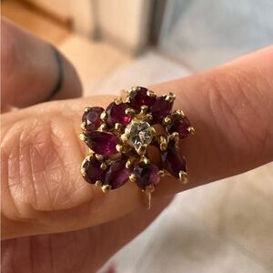 14k Yellow Gold Vintage Ruby Diamond Flower Cluster Ring Size 3.5